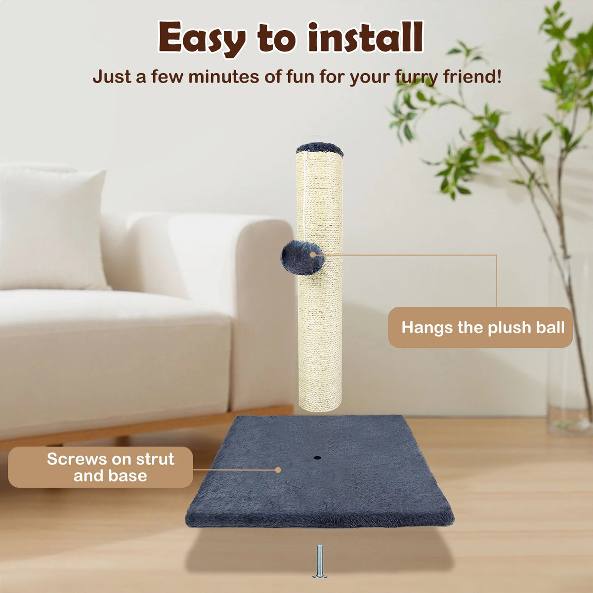 Cat Scratching Post 40cm with Hanging Ball Natural Sisal and Plush Fabric Reinforced Anti Tip Base