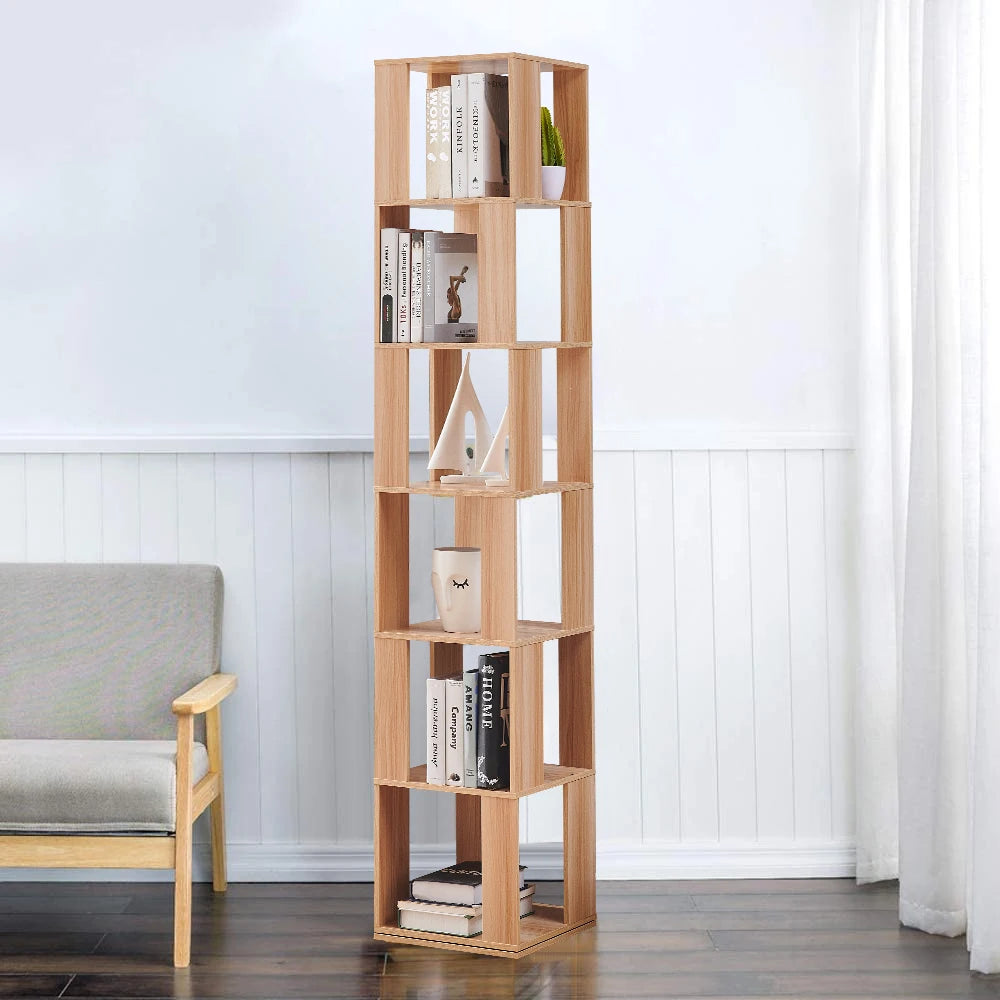 190cm Rotatable 6-Tier Slim Bookcase Corner Shelf | Freestanding Wooden Display Cabinet for Living Room Bedroom