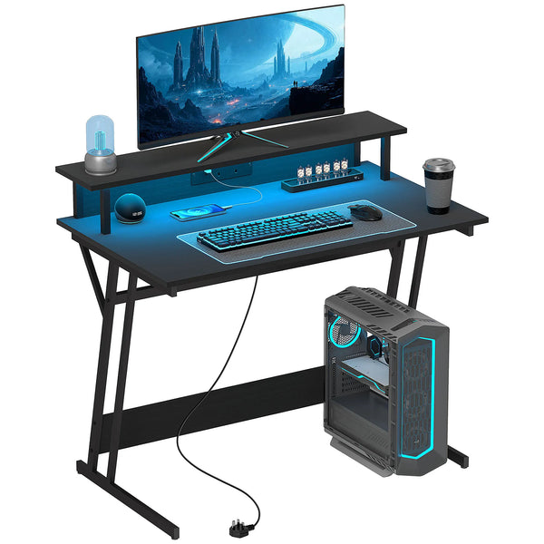 LED Gaming Desk with Power Outlets and Monitor Stand, 100 x 60cm, Black