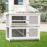 Two Tier Wooden Rabbit Hutch with Wheels Rain Cover Feeding Trough Ramp and Slide-Out Tray for 2-4 Rabbits