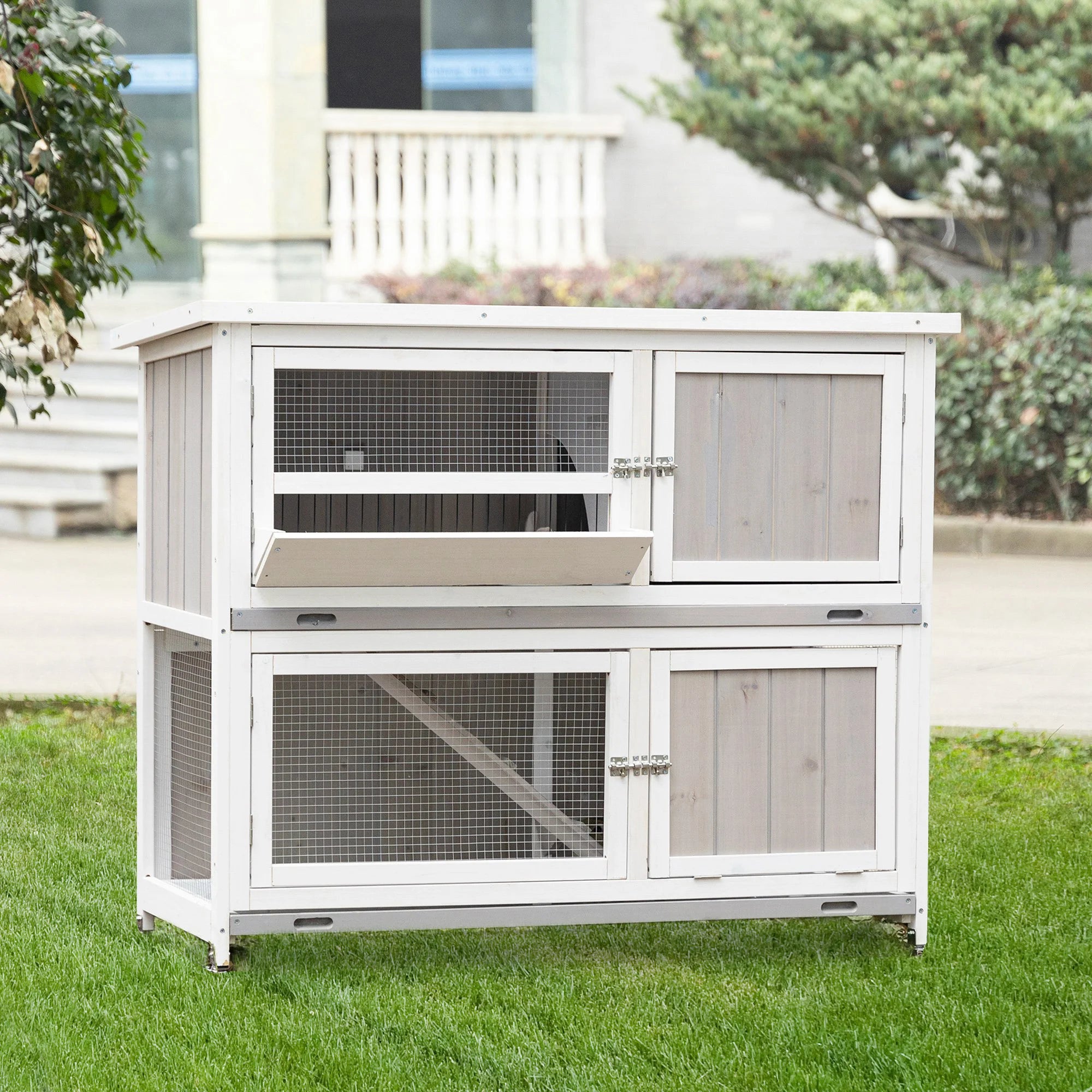 Two Tier Wooden Rabbit Hutch with Wheels Rain Cover Feeding Trough Ramp and Slide-Out Tray for 2-4 Rabbits