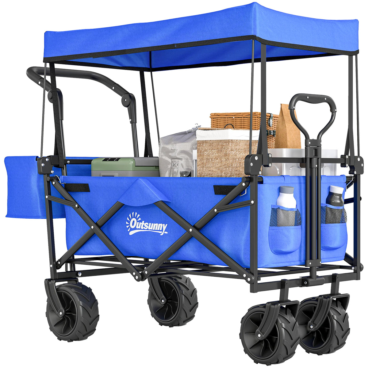 Folding Trolley Cart 68kg with 4 Wheels Telescopic Handle Canopy Side Pocket and Cup Holder Black