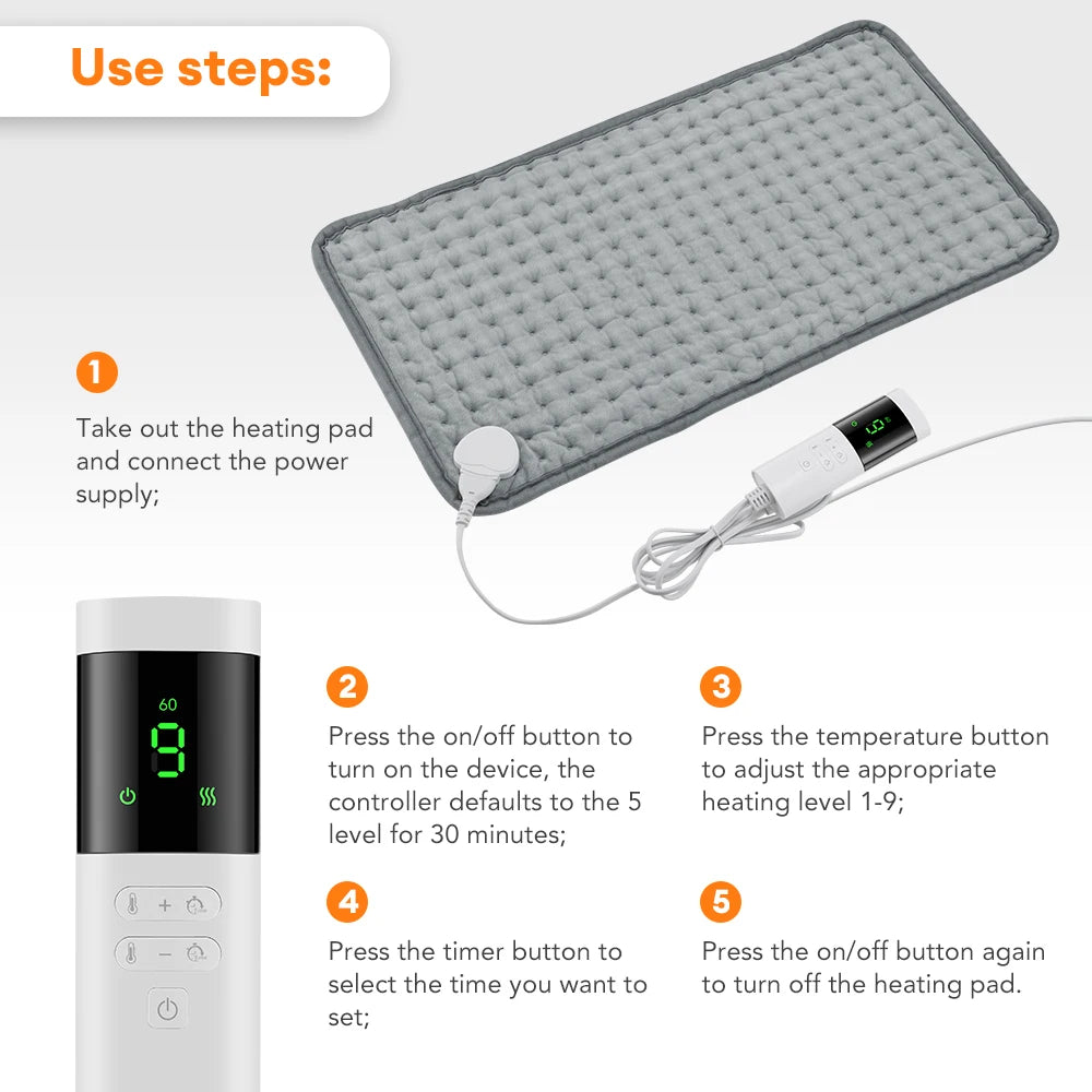 Electric Heating Pad 30 x 60cm, Double-Sided Soft Fleece with 9 Heat Levels and Timer, UK Plug