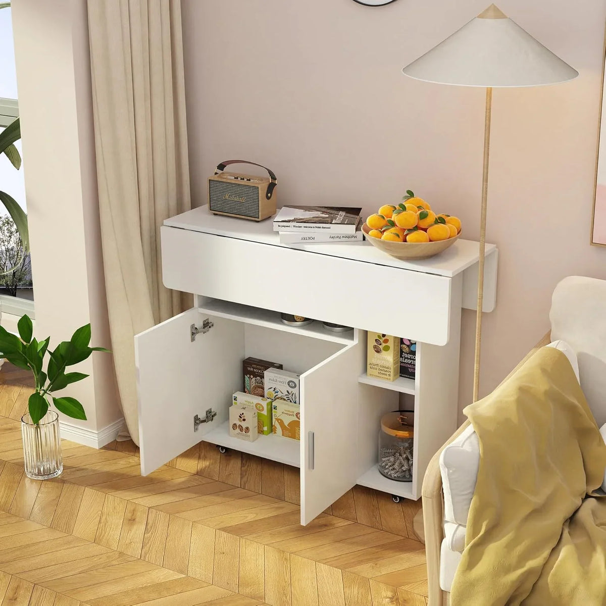 Folding Dining Table on Wheels with Cabinet and Open Shelf | 100cm Mobile Multipurpose Table in White