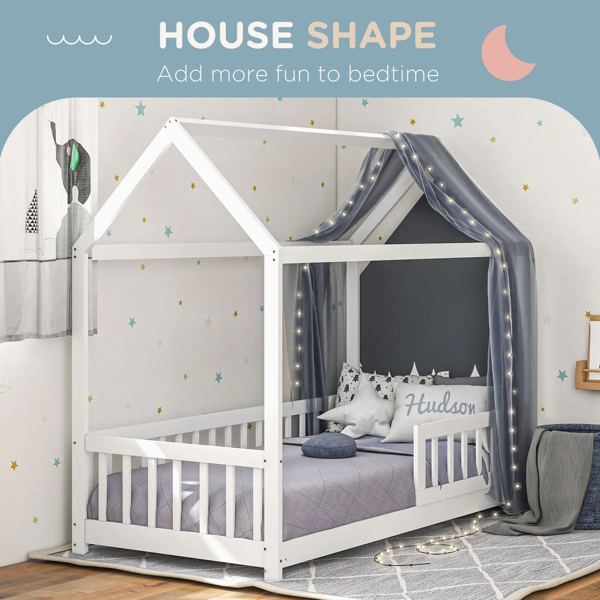 House Shaped Kids Bed Frame with Safety Fence Solid Wood 15 Slats and 2 Keels Burr Free Finish White