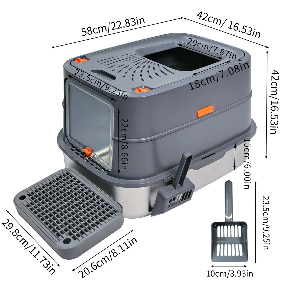 XL Enclosed Cat Litter Box, Stainless Steel Tray with High Wall Sides