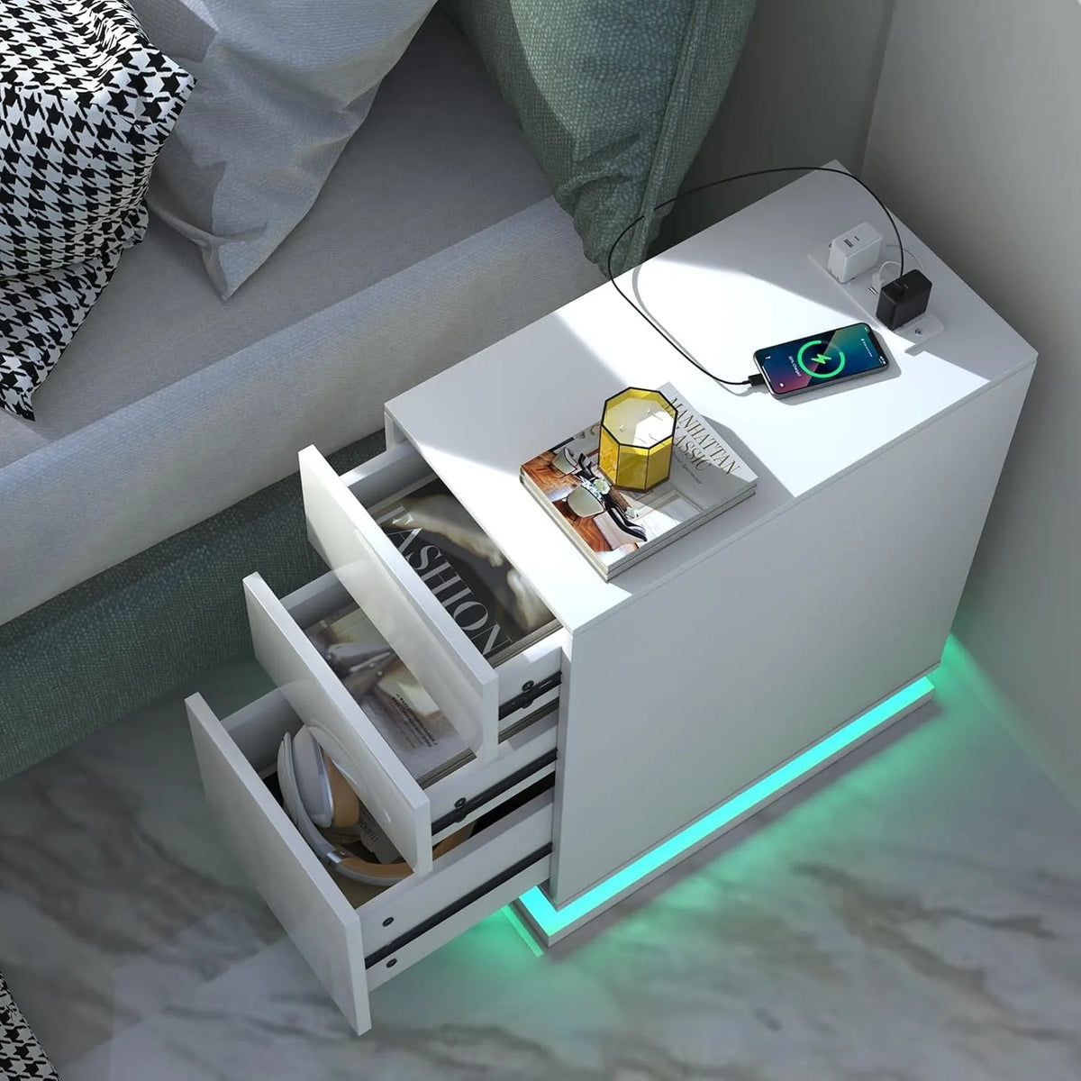 White Bedside Table with 3 Drawers, LED Strip, and Charging Station | 2AC 2USB Nightstand with App Control