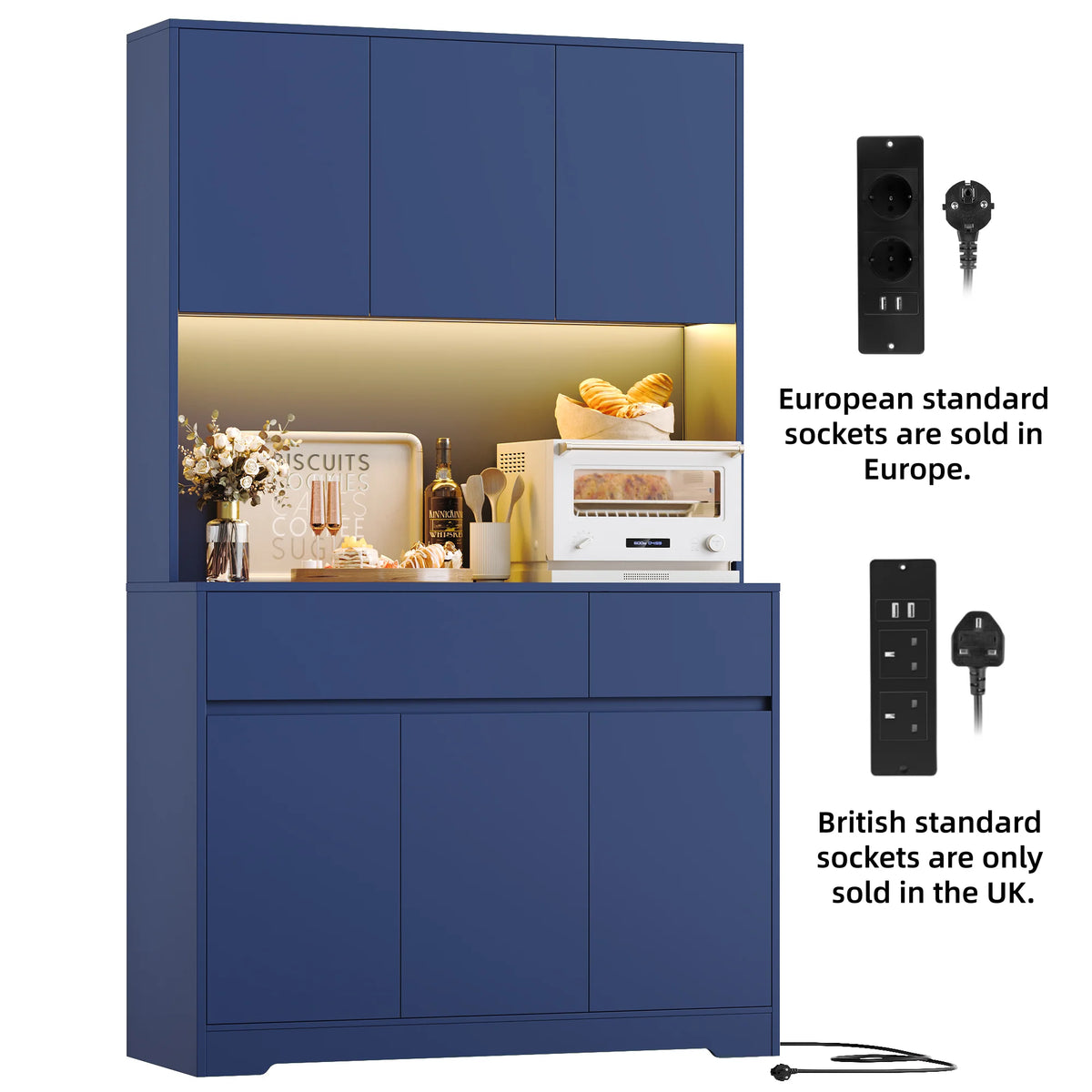 180cm Tall Kitchen Cabinet with LED Lighting and Power Outlet | Sideboard with 6 Doors 2 Drawers and Adjustable Shelves