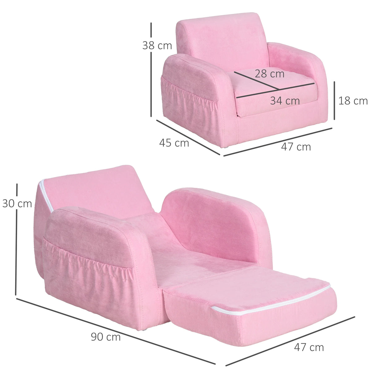2 in 1 Kids Sofa Bed Folding Toddler Armchair Converts to Bed Soft Flannel with Wood Frame and Sponge
