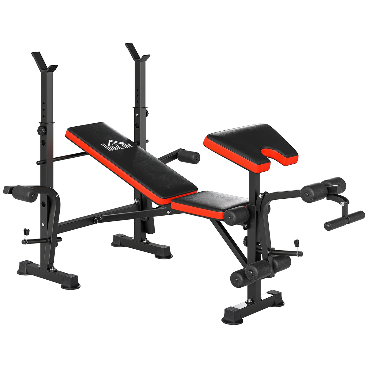 Adjustable Weight Bench with Squat Rack, Leg Extension and Butterfly Arms, Red