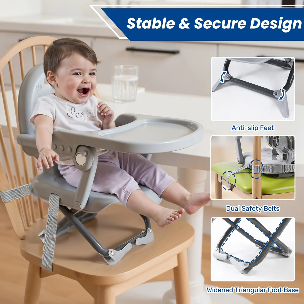 Adjustable Baby Booster Dining Chair with Tray – Portable Foldable Toddler Feeding Seat