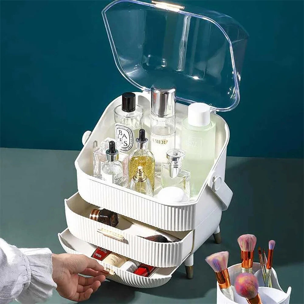 Large Makeup Organiser with 2 Drawers and Crystal Clear Dustproof Lid Jewellery and Skincare Storage Box