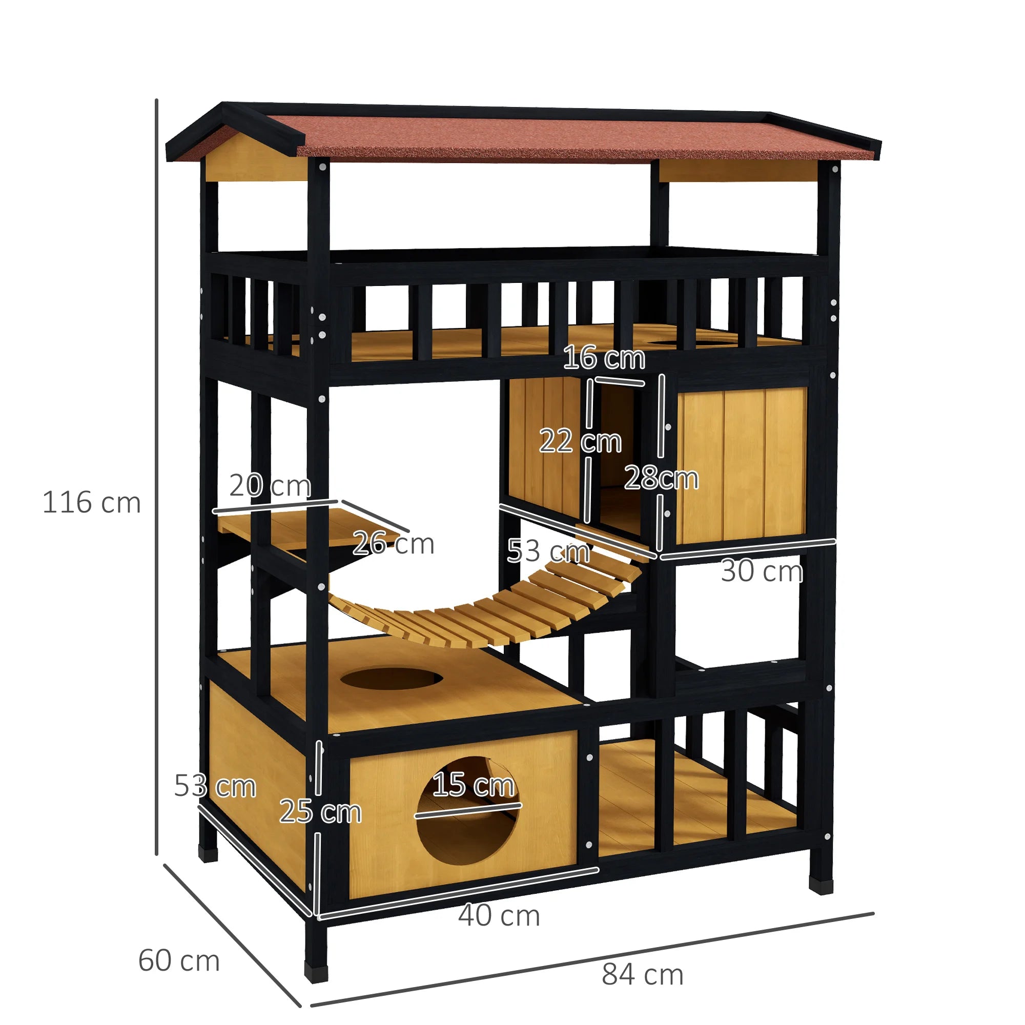 Outdoor Cat House with Suspension Bridge Balcony Platforms and Two Indoor Dens Multi-Level Cat Play Centre