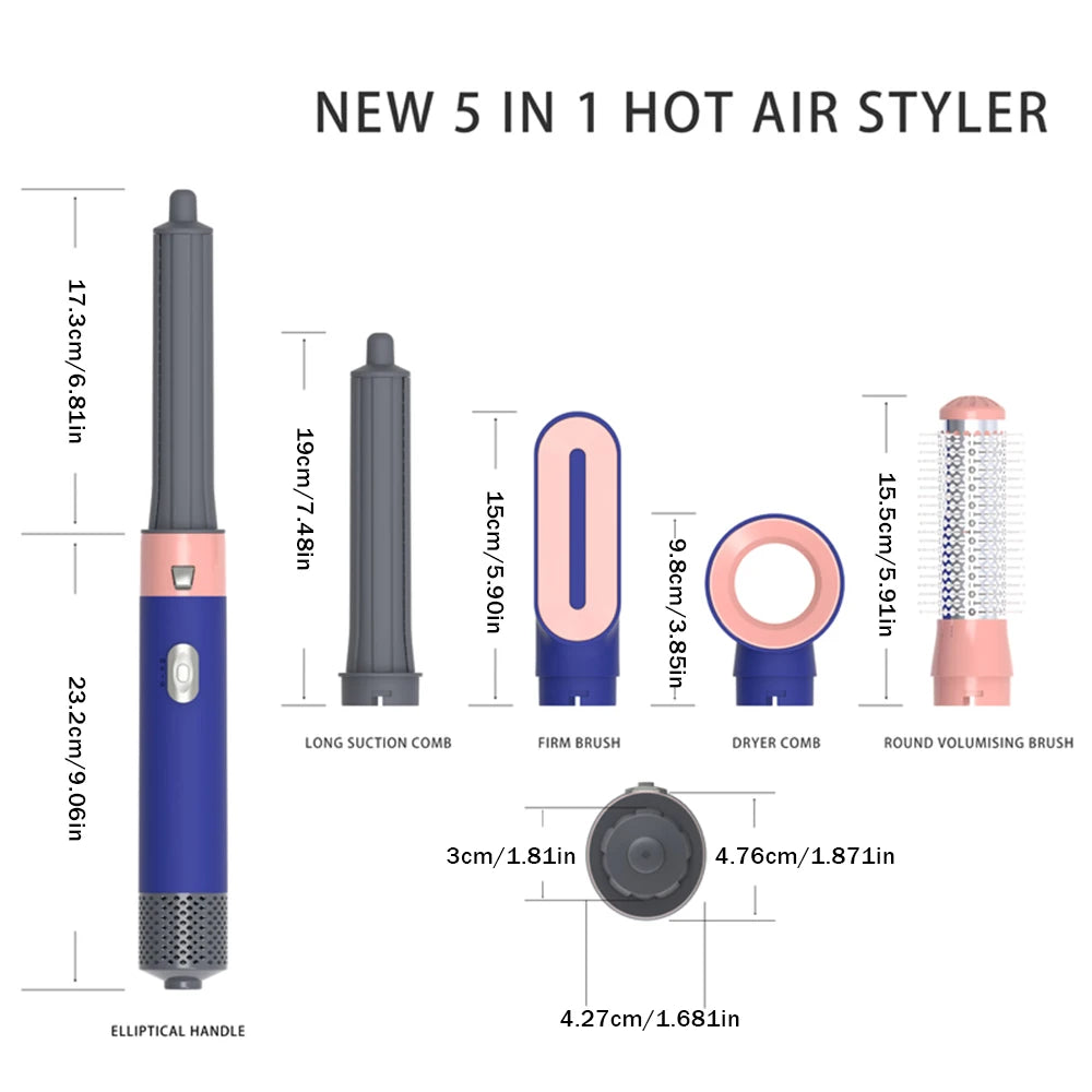 5 in 1 Hot Air Styler with Interchangeable Brush Heads, 3 Heat Settings, UK Plug, Pink
