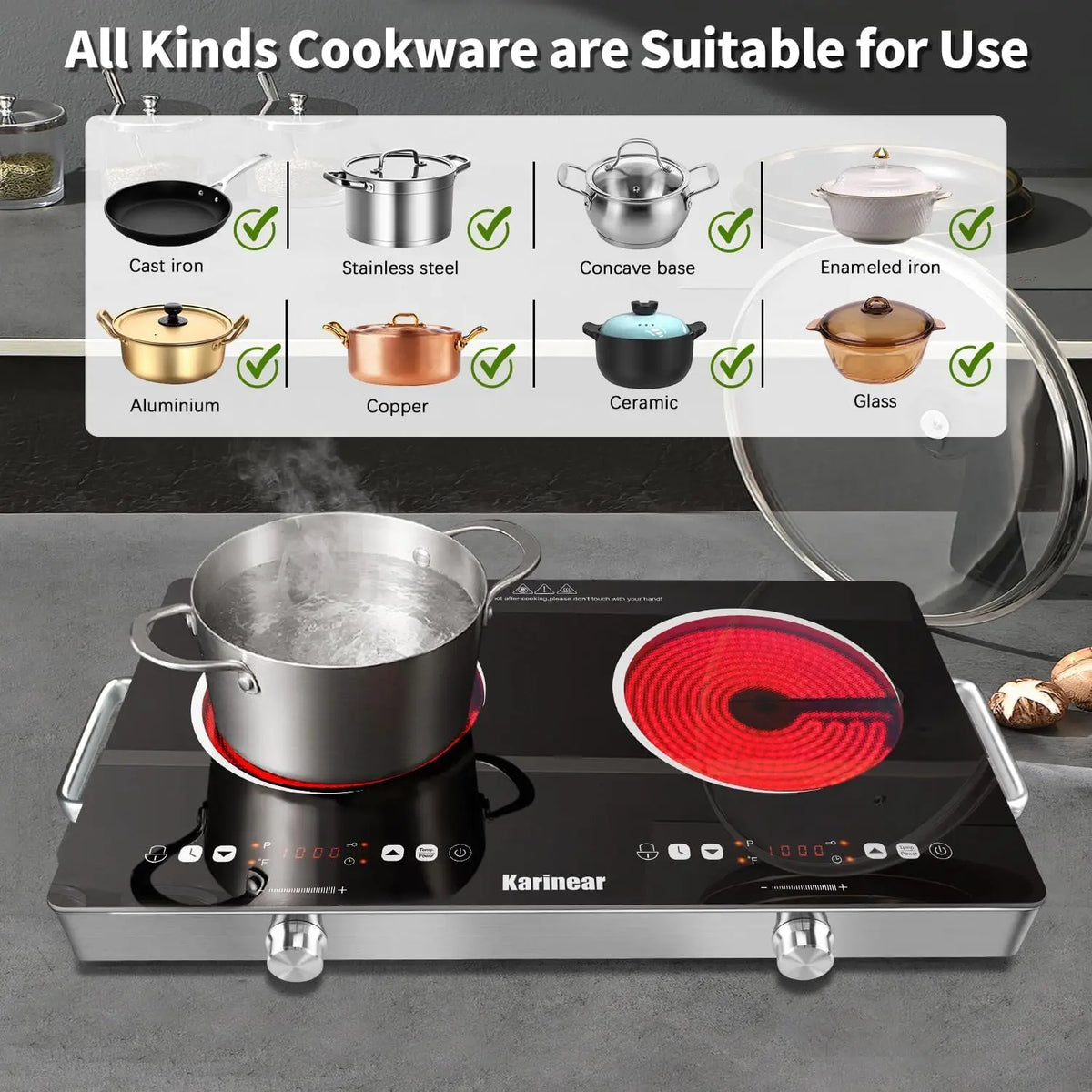 2 Zone Ceramic Hob 3200W Electric Cooktop with Safety Lock Touch Control Plug In