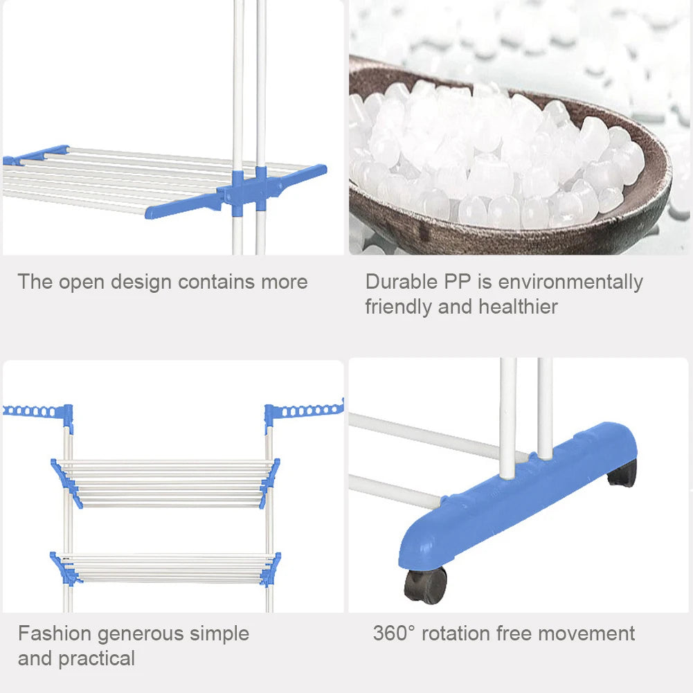4-Tier Foldable Clothes Airer with Wheels and Side Wings, Rolling Laundry Drying Rack