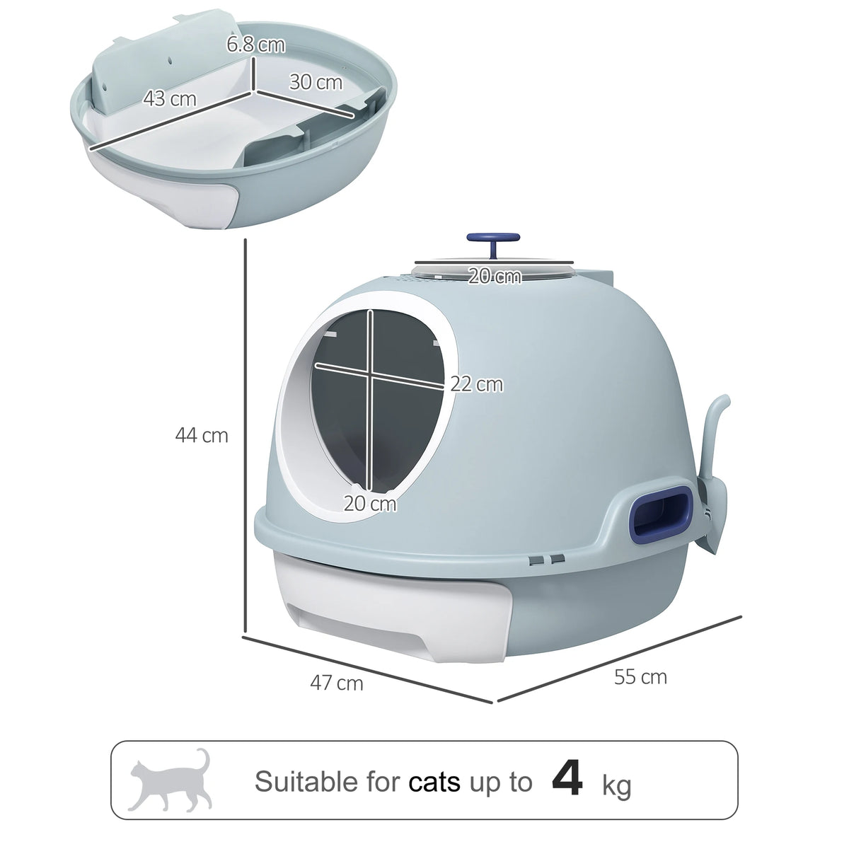 Capsule-Shaped Cat Litter Box with Front & Top Doors, Tile Blue