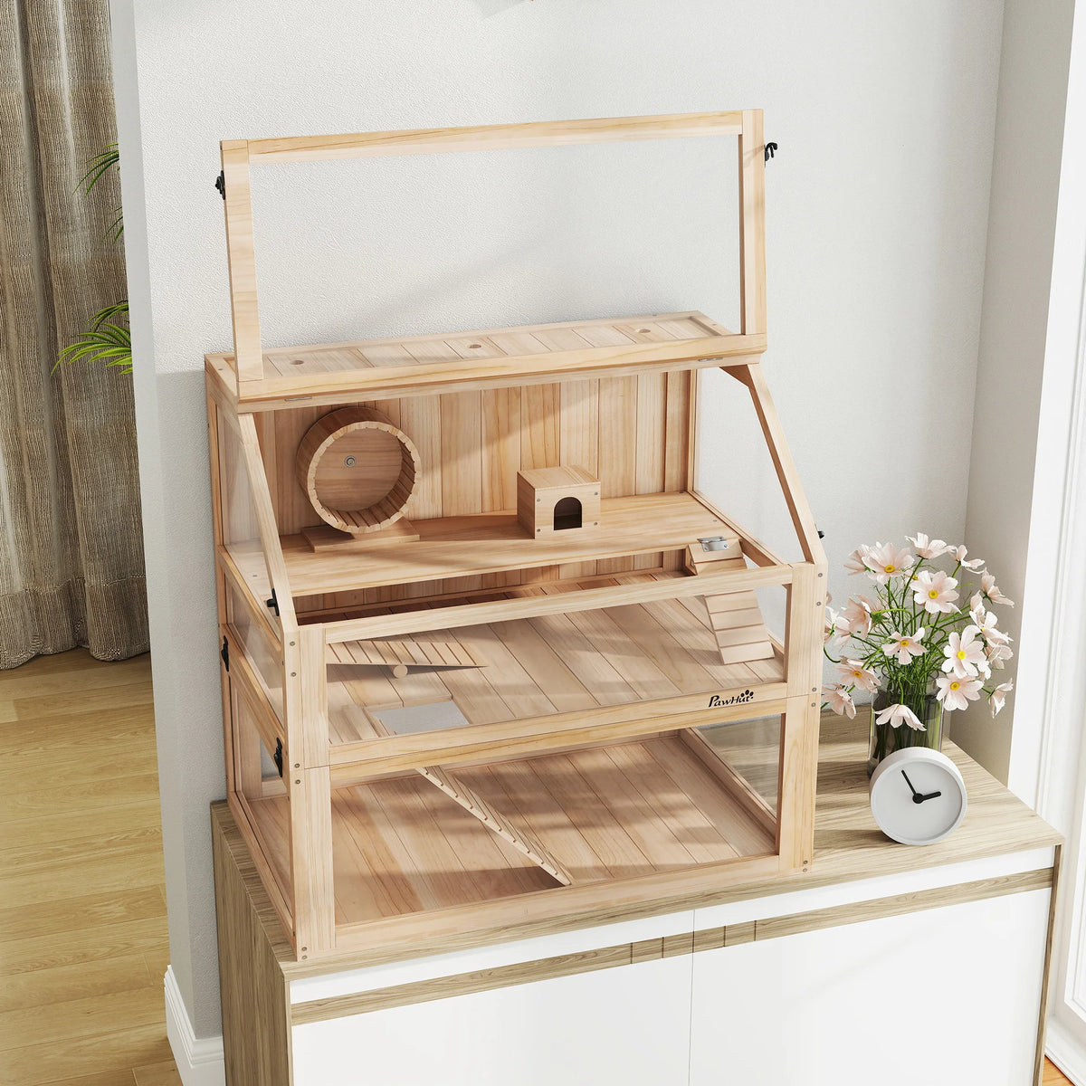 3-Tier Wooden Hamster Cage with Exercise Wheel
