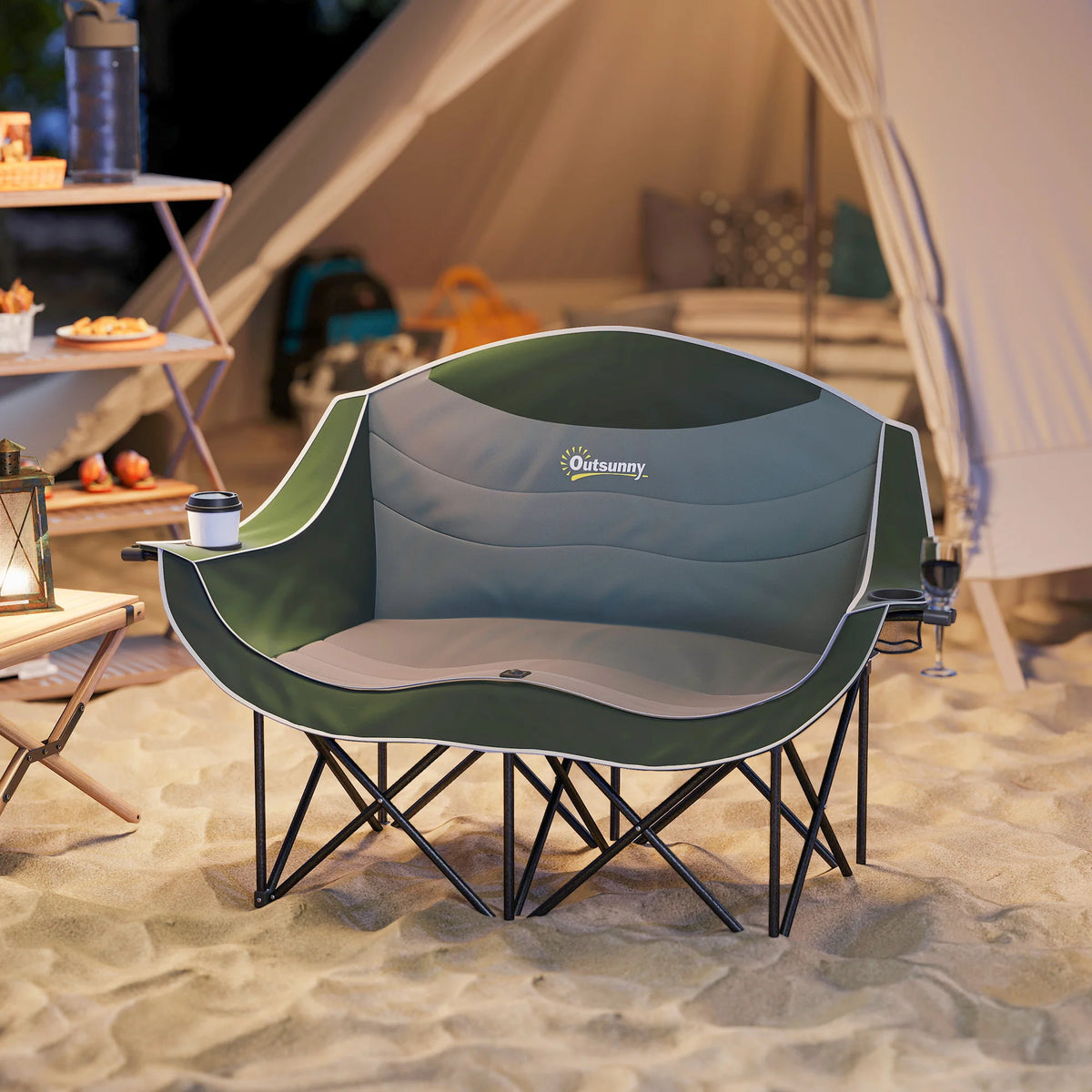 Folding Double Camping Chair with Armrests and Cup Holders, Green