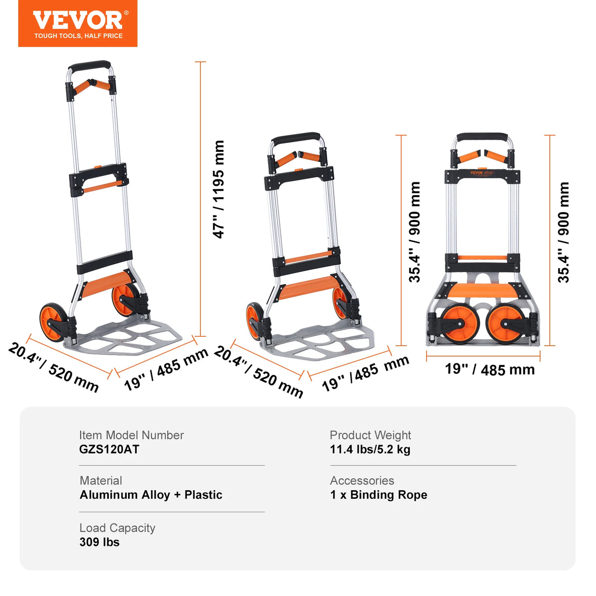 Folding Hand Truck Aluminium Portable Dolly Cart Telescoping Handle Binding Rope for Moving Warehouse