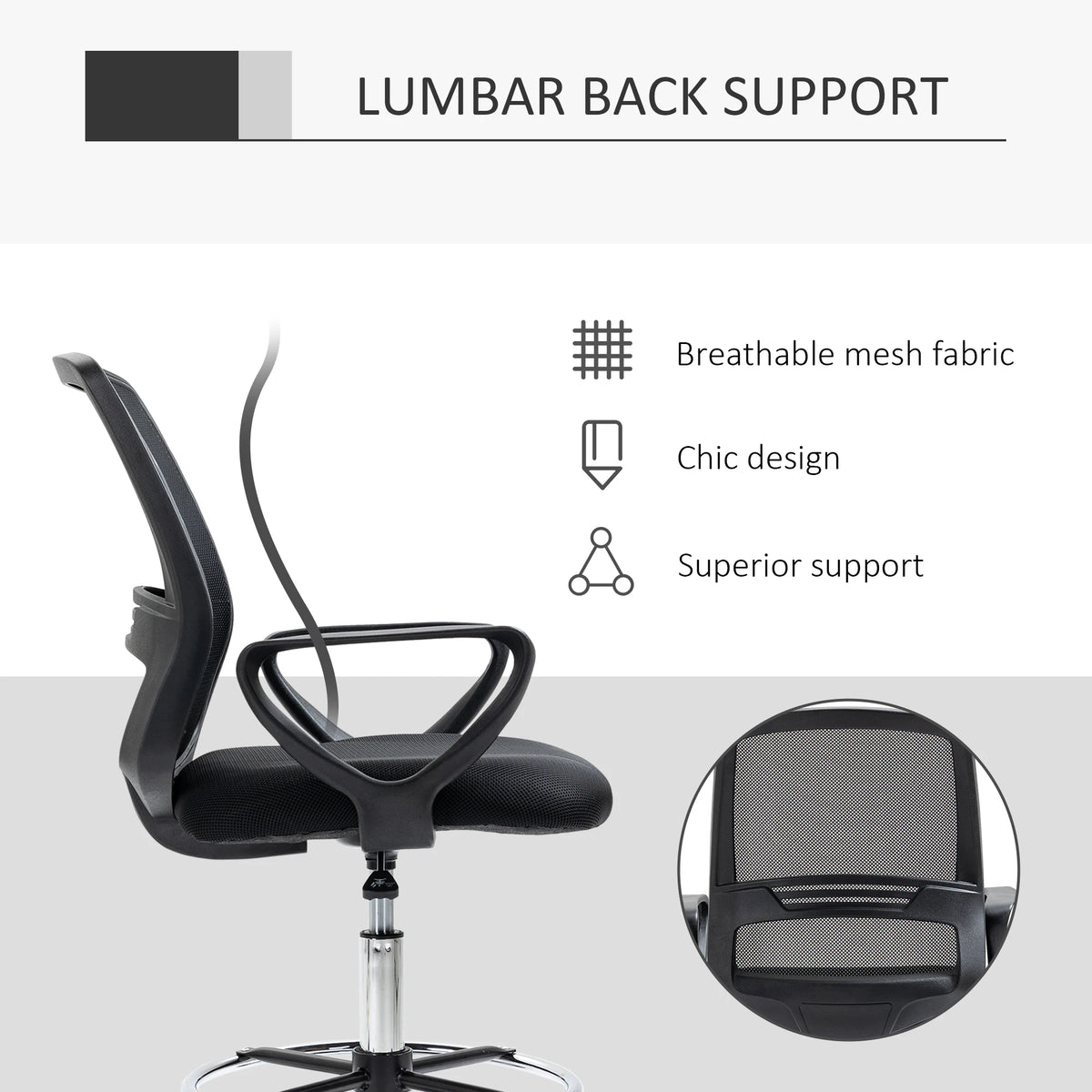 Tall Draughtsman Office Chair, 102.5-126cm Adjustable with Mesh Back and Foot Ring