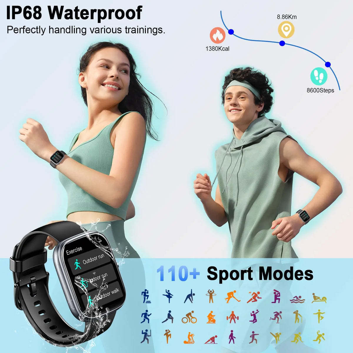 1.91" Smart Watch with Call & Answer, IP68 Waterproof Fitness Tracker, Heart Rate & Sleep Monitor