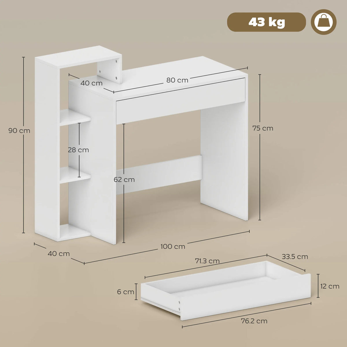 Compact Computer Desk with 3 Open Shelves and Drawer, 100cm, White