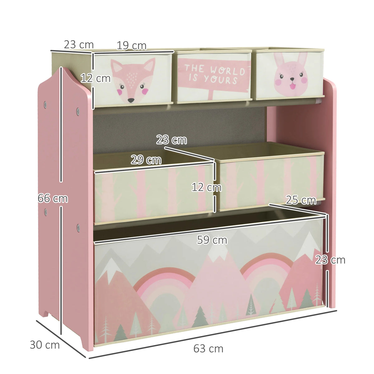 Kids Toy Storage Organiser 63x30x66cm with 6 Fabric Bins MDF Steel Frame for Bedroom and Nursery