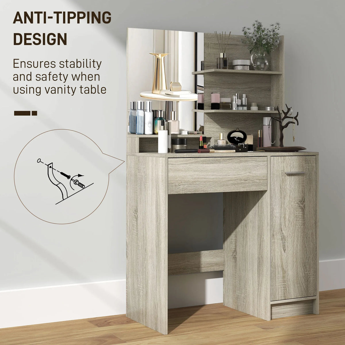 Dressing Table with Copper Free Mirror 3 Upper Shelves Drawer Cupboard and Padded Faux Leather Stool