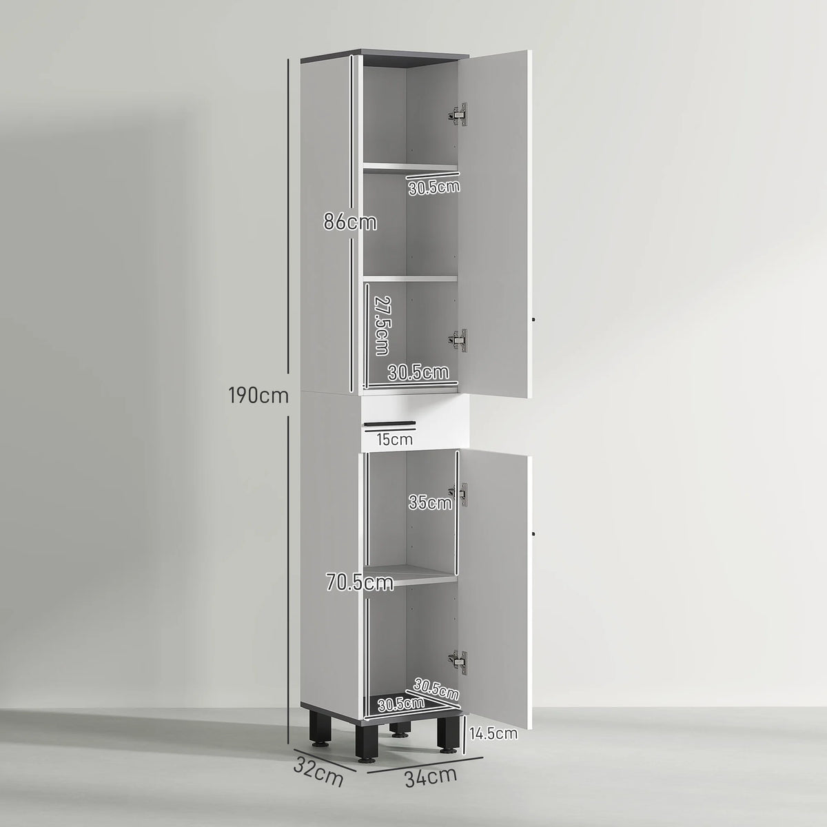 Middle drawer open on a tall bathroom storage cabinet