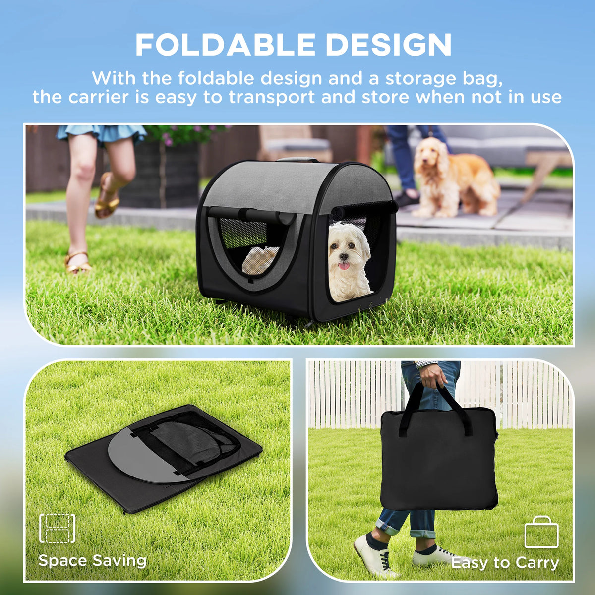Folding Soft Pet Crate Fabric Travel Carrier with Cushion and Storage Bag for Cats and Small Dogs 46x36x41cm