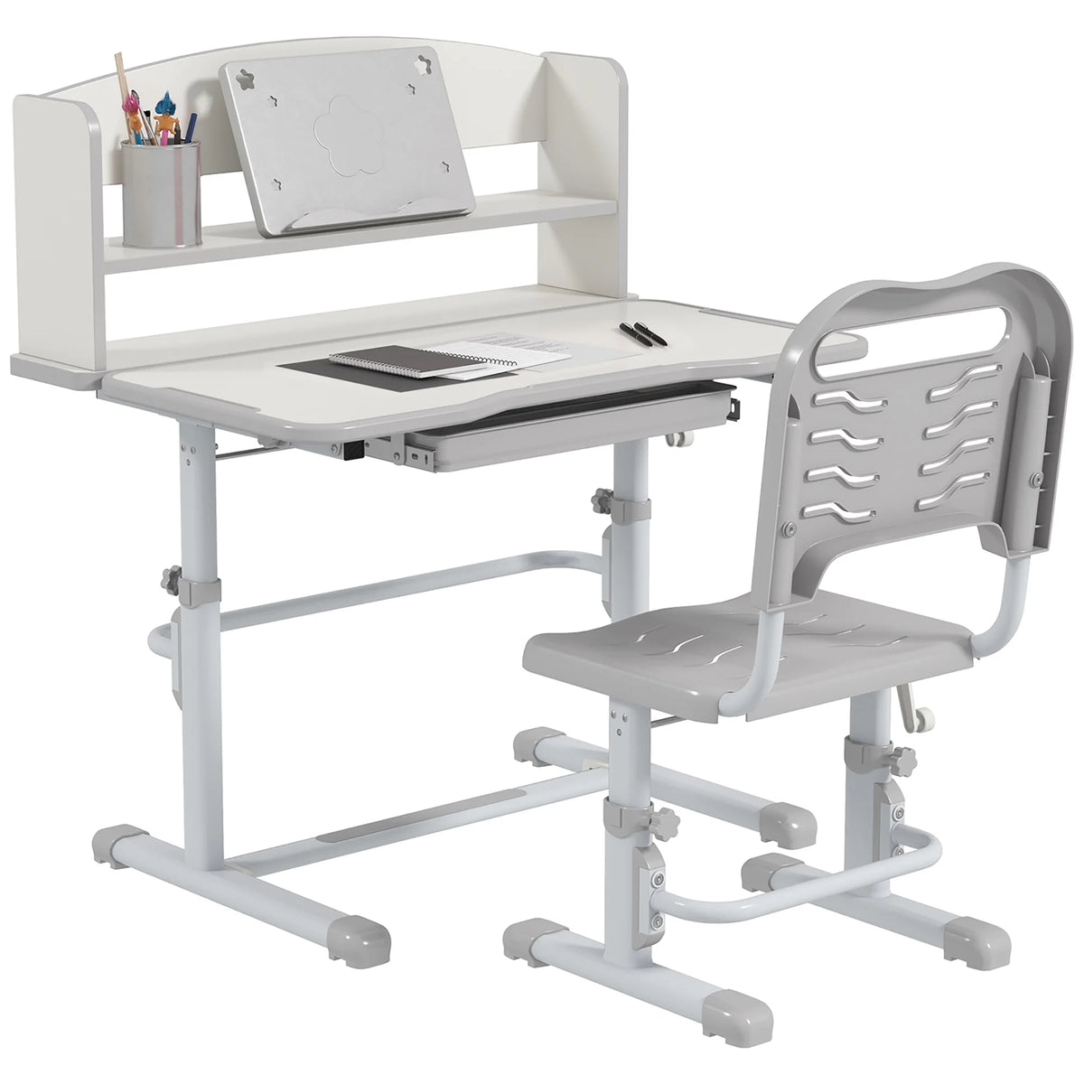 Kids Study Desk and Chair Set Height Adjustable 45 Degree Tilting Top with Drawer Bookshelf and Non Slip Mat