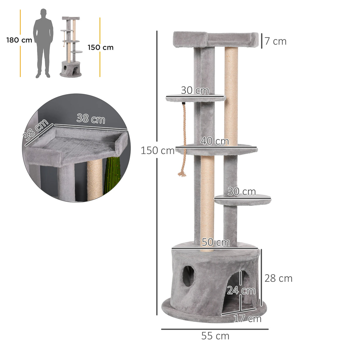 Cat Tree Kitten Tower with Scratching Post, Condo and Plush Perches, Grey
