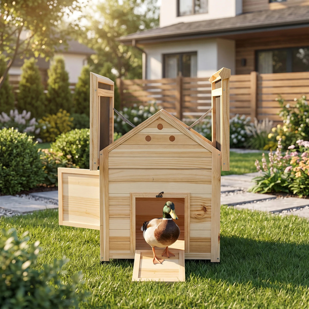 Wooden Duck House with Openable Roof Removable Floor Ramp Side Door Sloped Roof and Vents Fir Wood