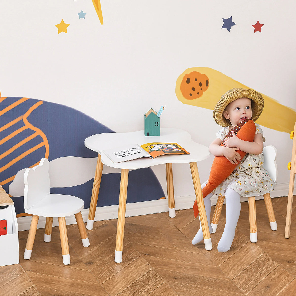 3 Piece Kids Table and Chair Set with 2 Bear Shaped Chairs MDF Solid Pine Legs Wipe Clean White