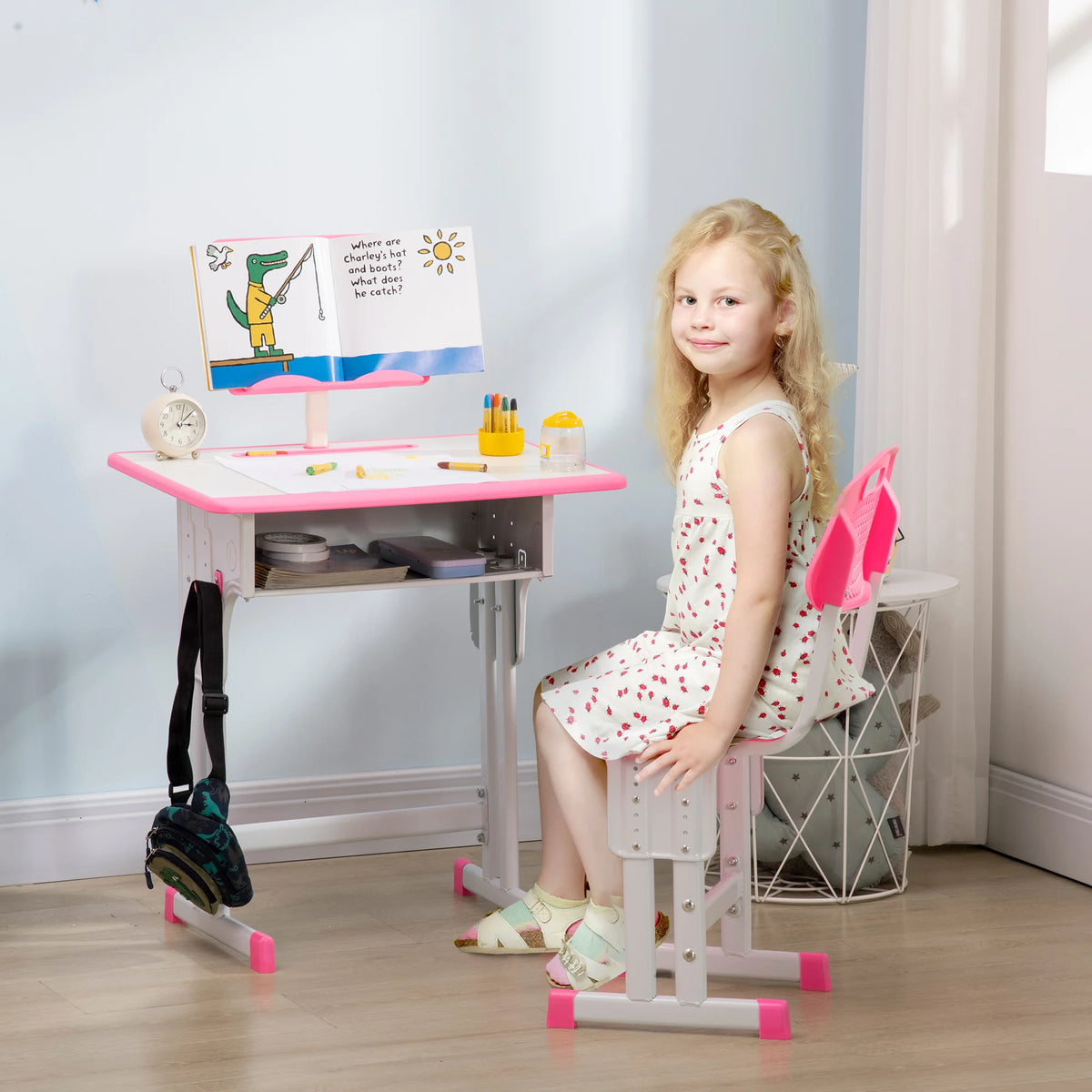 Height Adjustable Kids Desk & Chair Set with Drawer – Pink