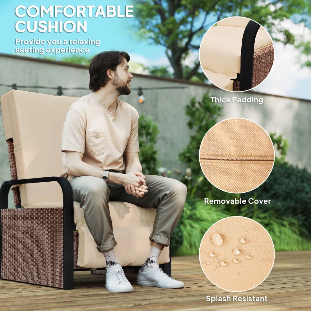 Reclining Rattan Armchair 140° with Footrest Side Table Cushion 120kg for Garden Pool Beach Patio Brown Khaki