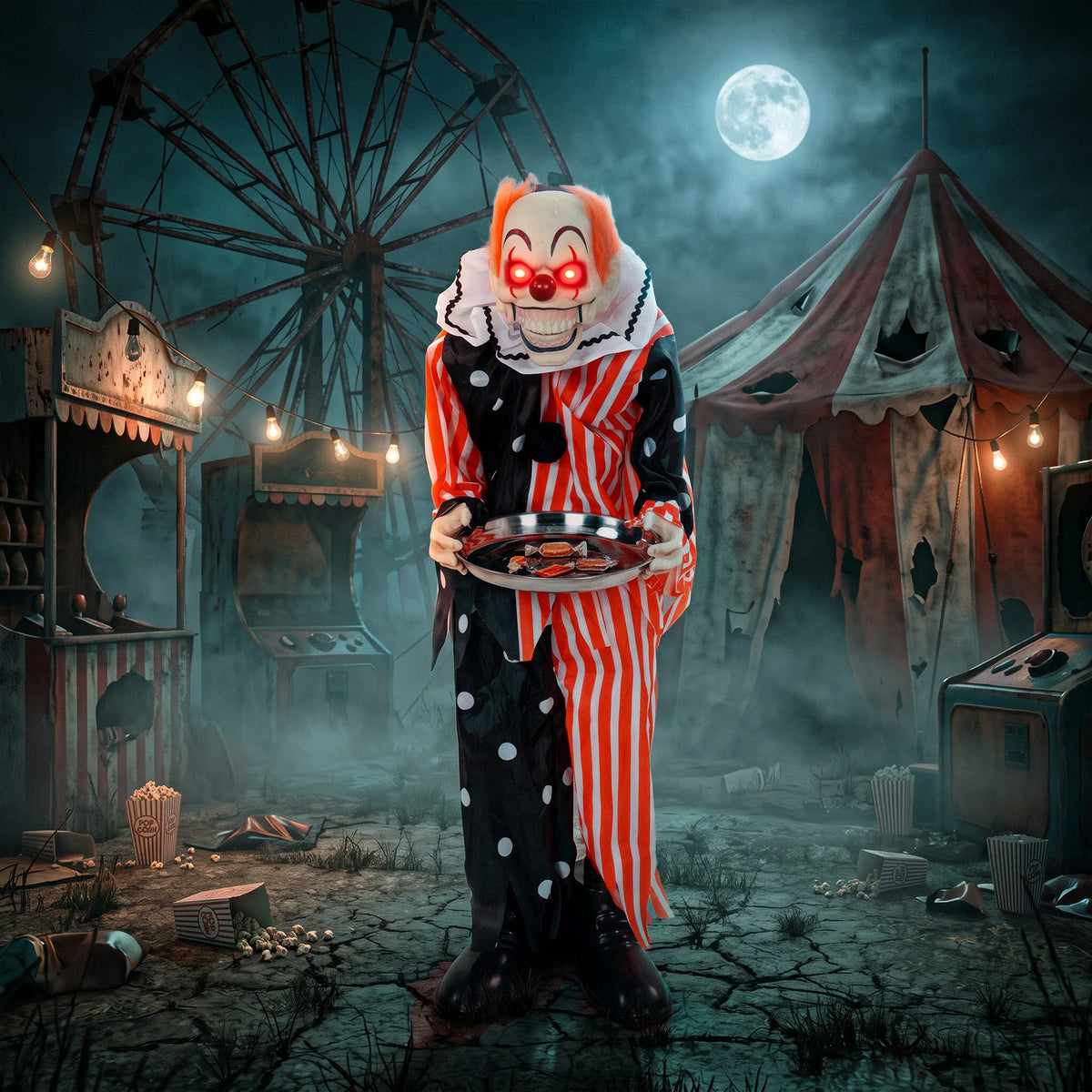 Halloween clown decoration shown beside a doorway