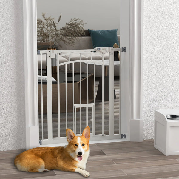 Pressure-Fit Pet Gate with Small Cat Door and Double Lock, 74–80cm, White