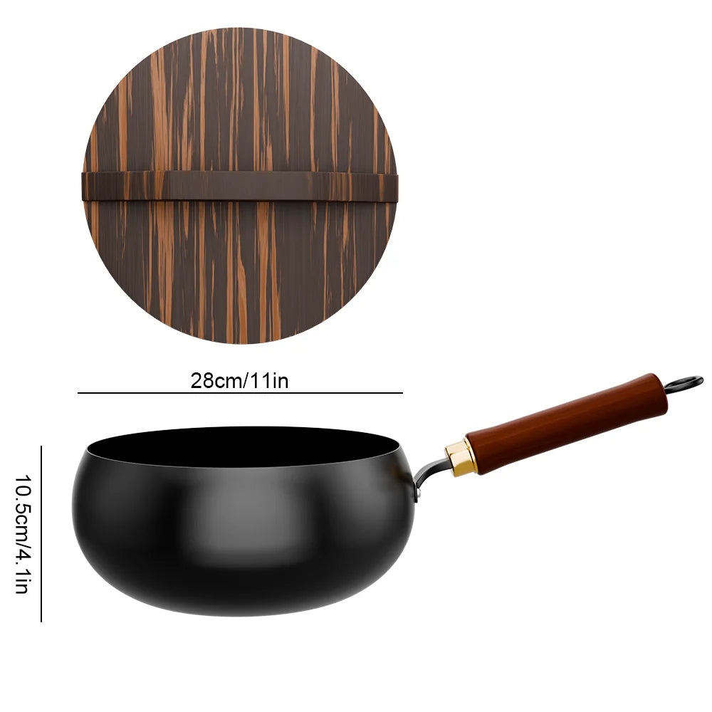 28cm Carbon Steel Wok with Wooden Lid and Beech Handle, Suitable for Induction and Gas