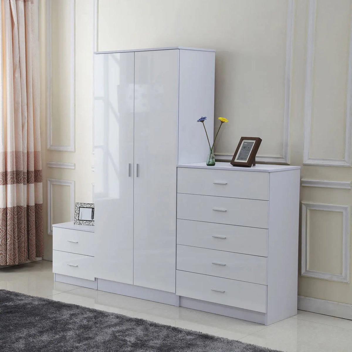 High Gloss Wardrobe, Chest of Drawers & Bedside Set, White