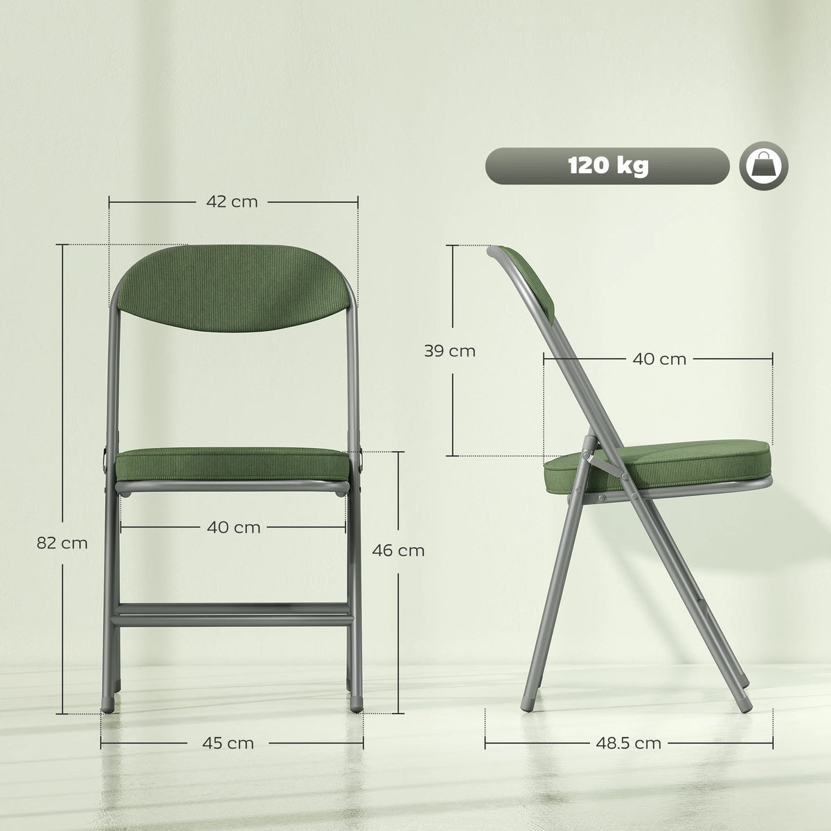Folding Chairs Set of 4 with Cushioned Seat, Steel Frame, Green