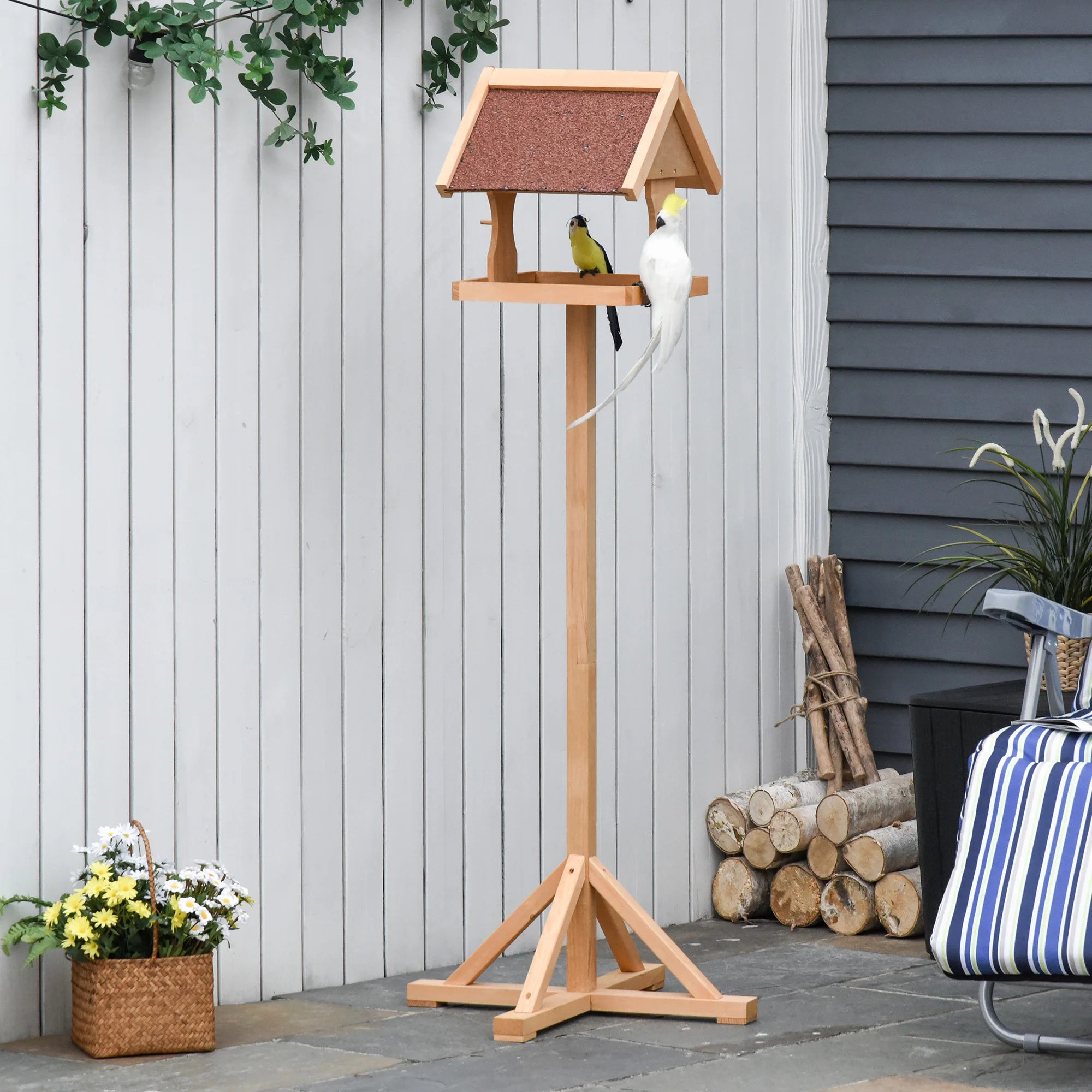Wooden Bird Feeder with Cross-Shaped Support Feet Weather Resistant Roof and Open Platform for Garden Wildlife
