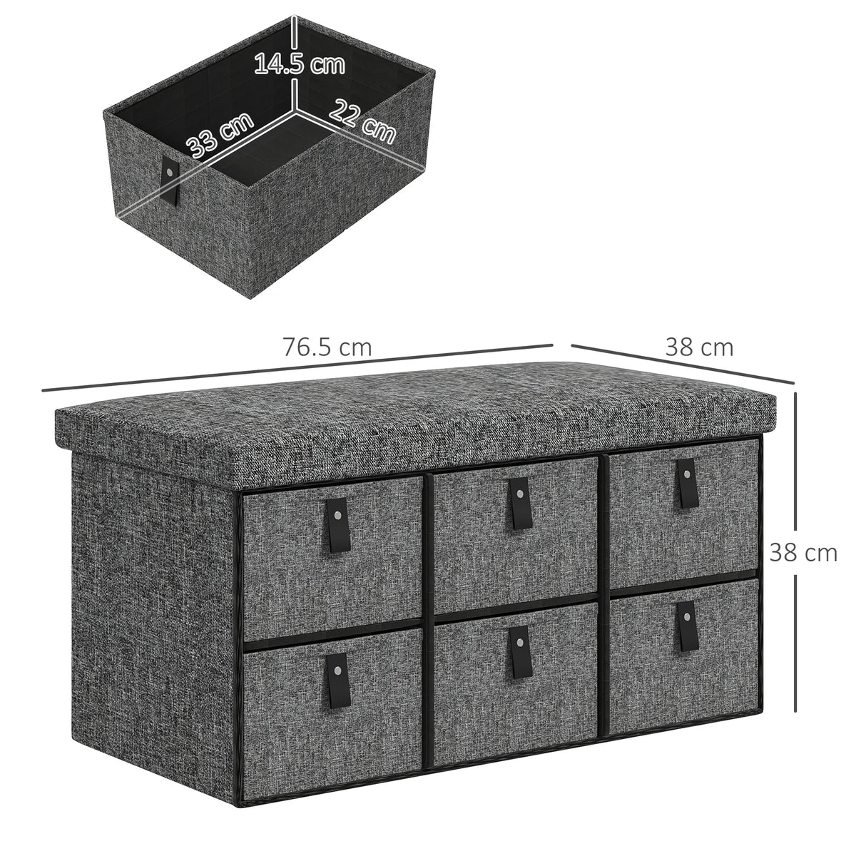 Shoe Bench with 6 Fabric Drawers Padded Seat 76.5x38x38cm Linen Look MDF 120kg Capacity Dark Grey