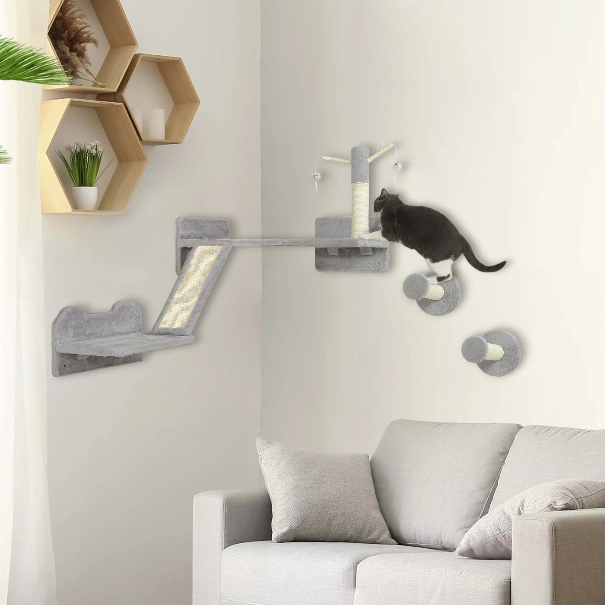 3 Piece Corner Cat Wall Shelves with Scratching Posts Double Layer Platform Light Grey Wall Mounted