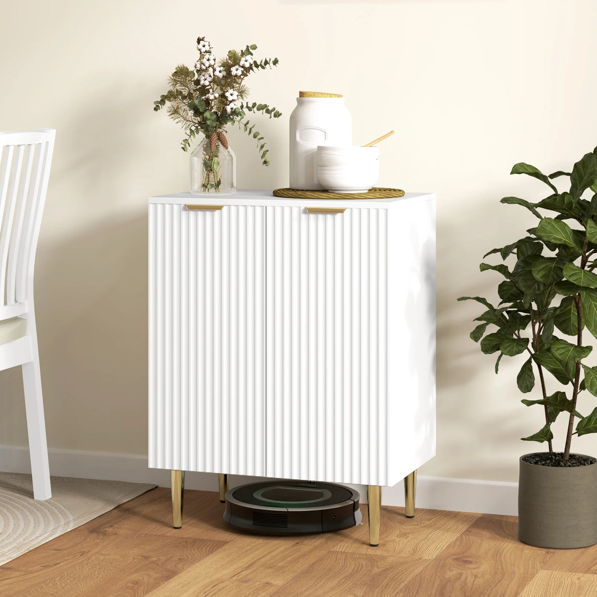 Sideboard Buffet Cabinet with 2 Compartments and 3 Level Adjustable Dividing Shelf Modern White