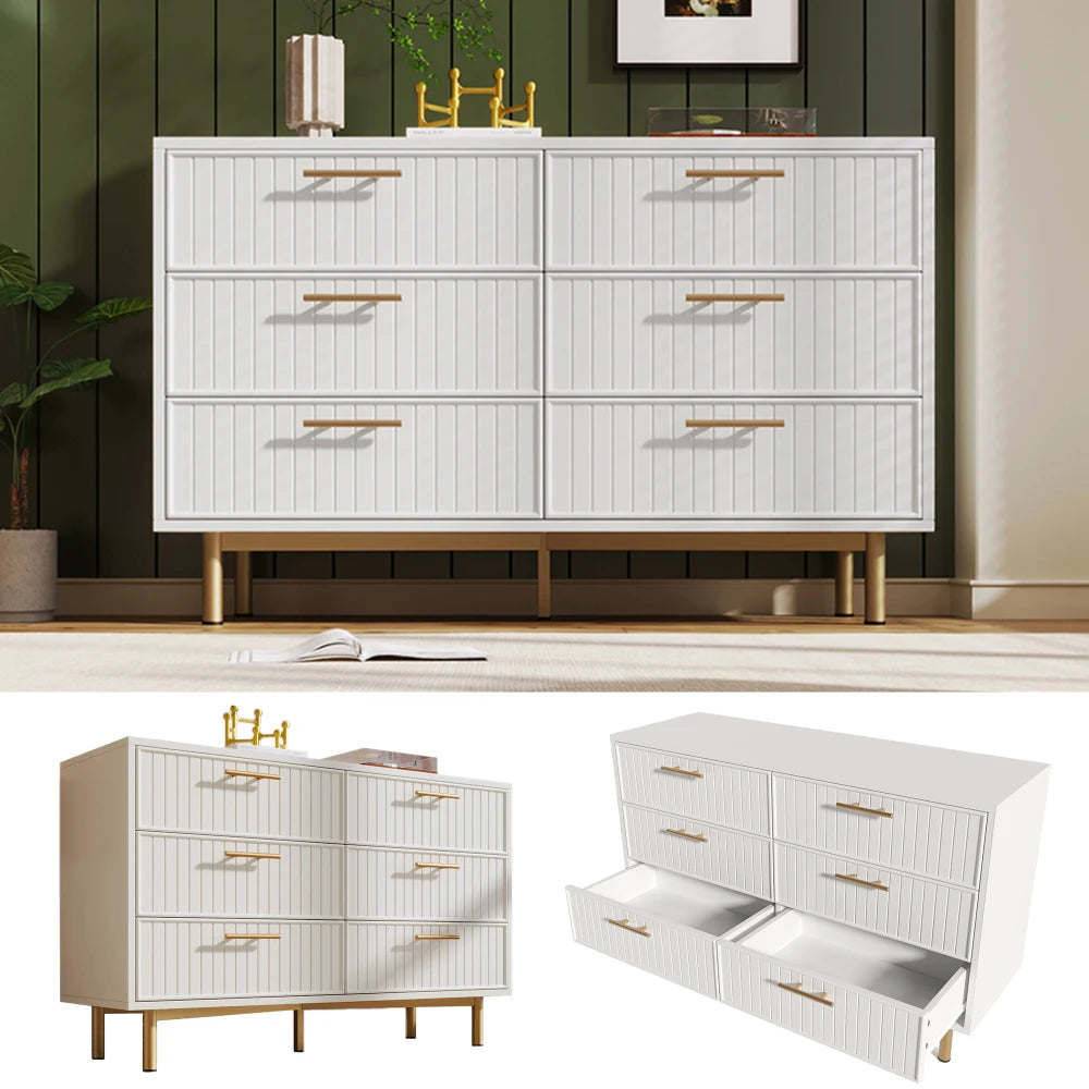 6 Drawer Sideboard Chest of Drawers 120x40x75cm White Particle Board Gold Handles Metal Base Living Room