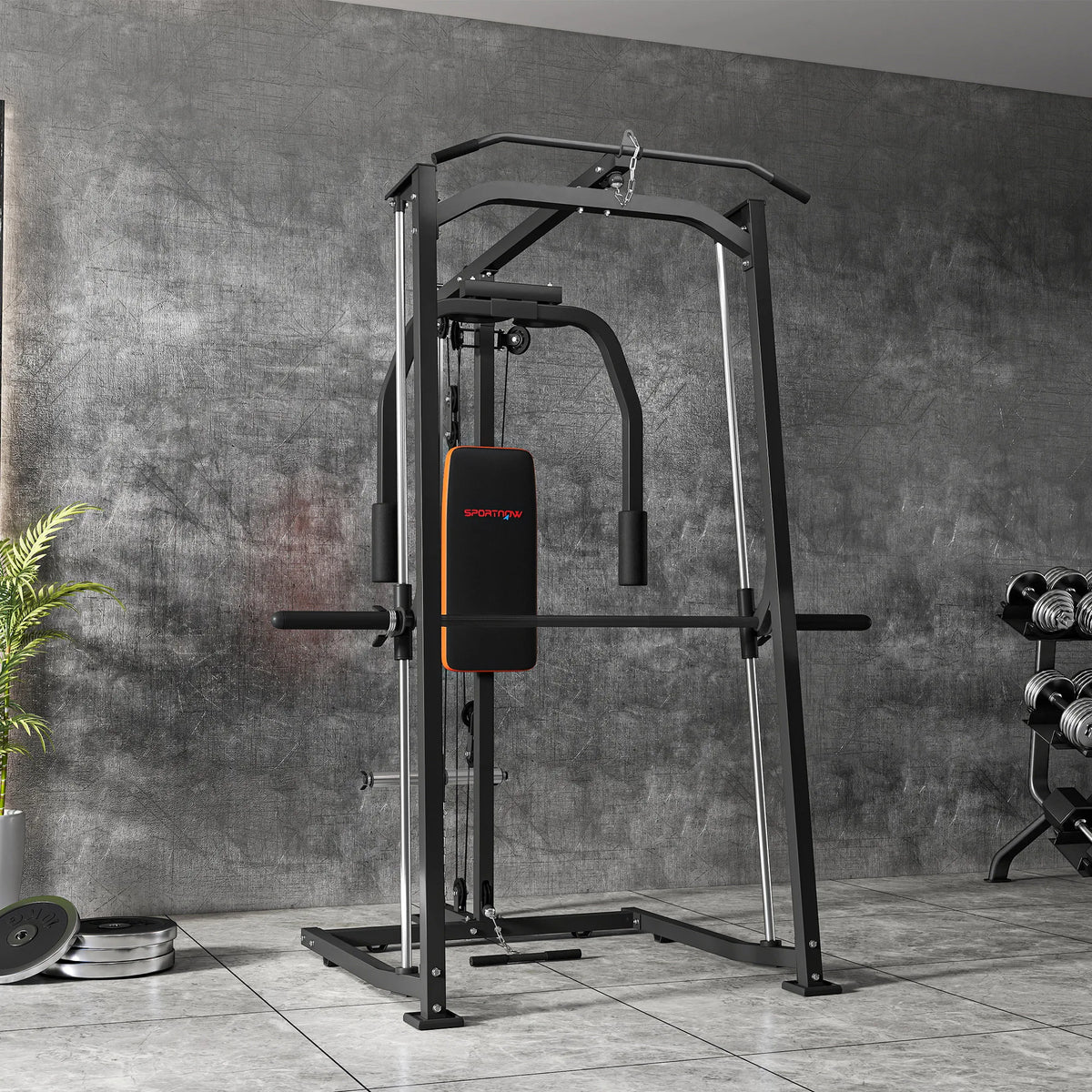 3-in-1 Smith Machine Multifunctional Power Cage with Dual Cable Pulley System, Chest Press Station & 17-Level Squat Rack