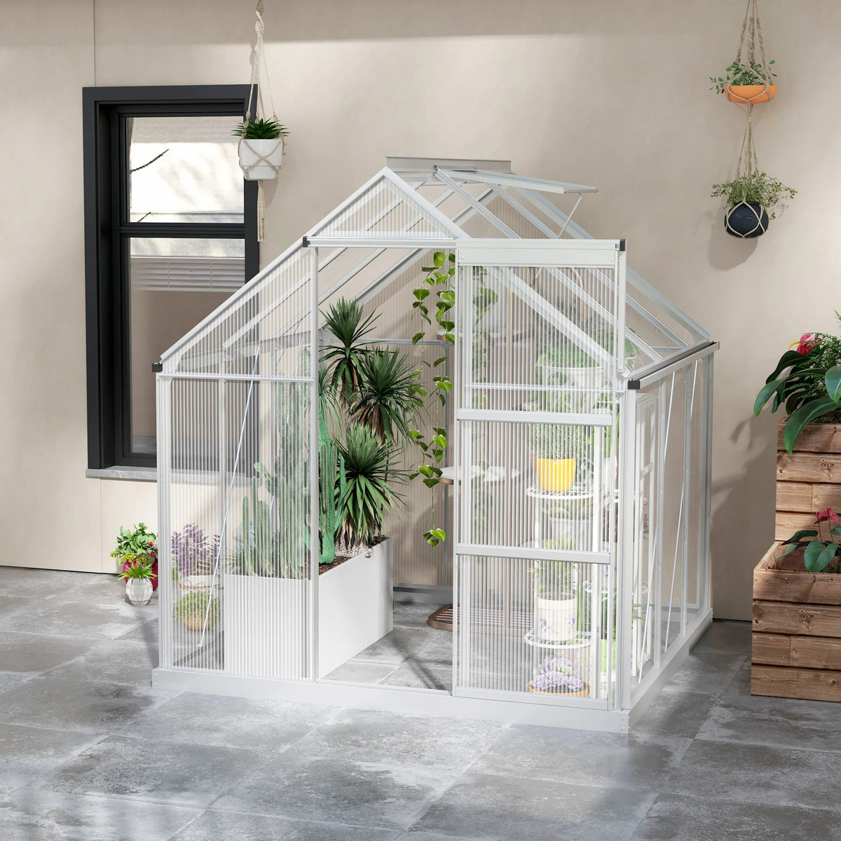 6 x 6ft Polycarbonate Greenhouse with Sliding Door and Adjustable Roof Vent, Silver