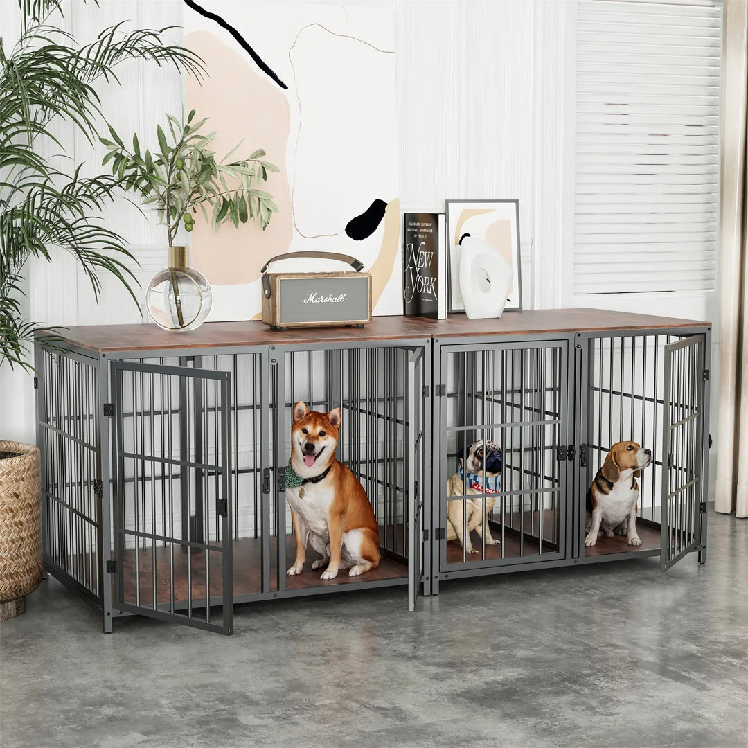 BINGOPAW Heavy Duty Wooden Dog Crate Furniture Side Table 90x62x68.5cm 4 Doors with Divider Small Medium Dogs